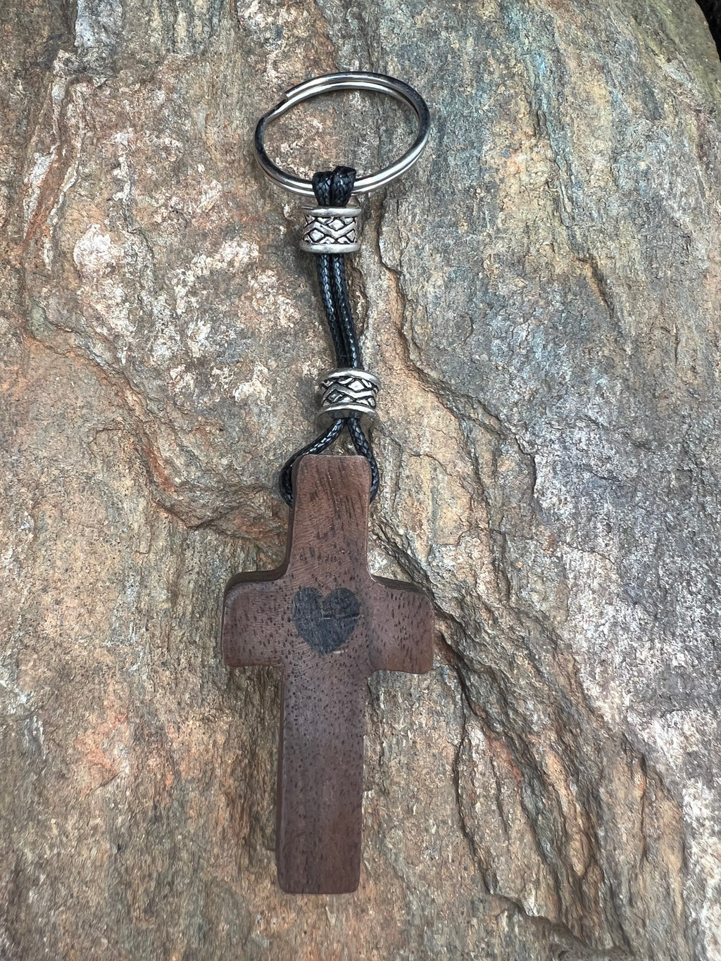Walnut Wood Heart Cross Keychain - Motif Metalworks