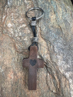 Walnut Wood Heart Cross Keychain - Motif Metalworks