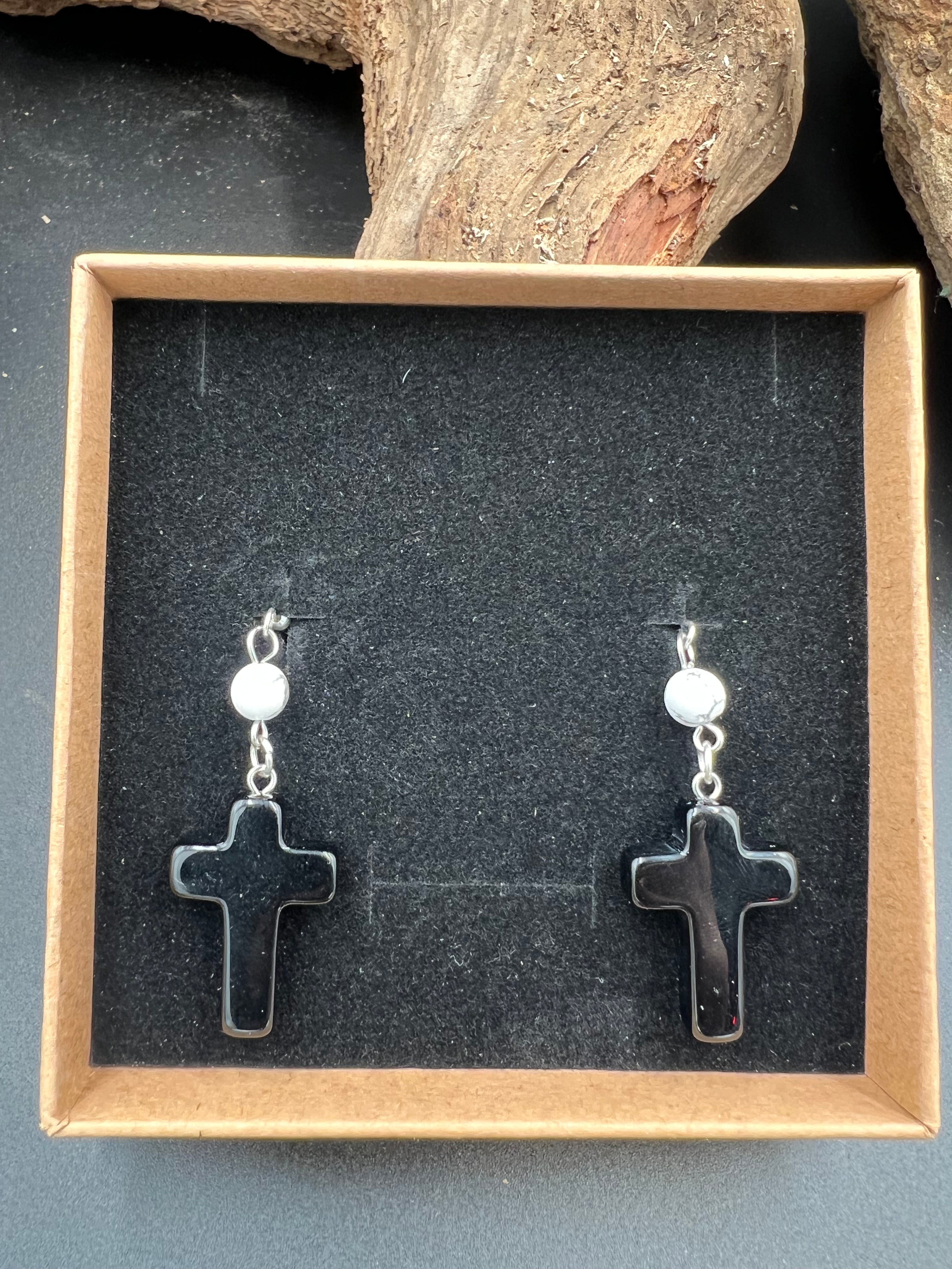 Stone Cross Gem Dangle Earrings