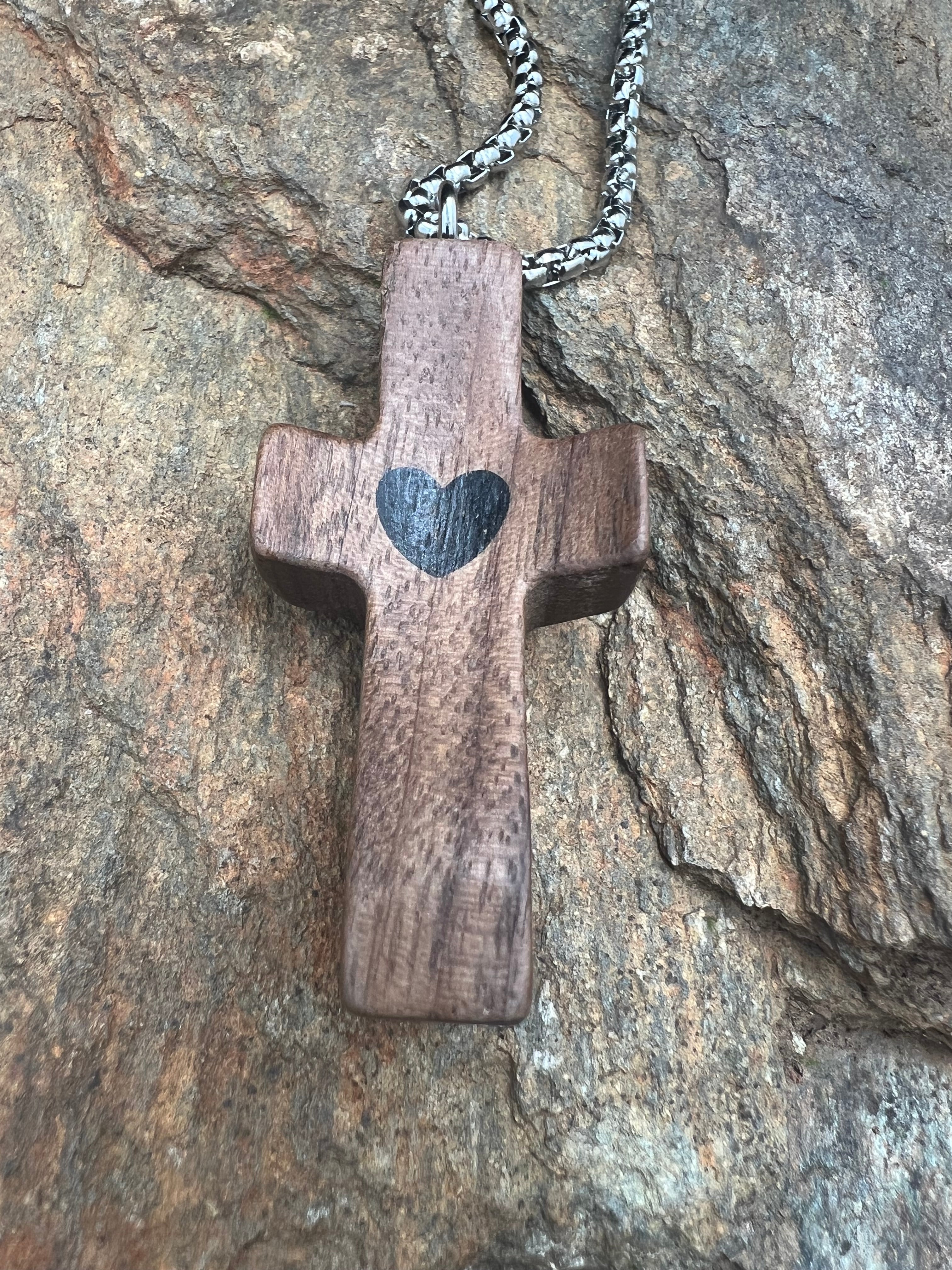 Wood Heart Cross Necklace - Motif Metalworks