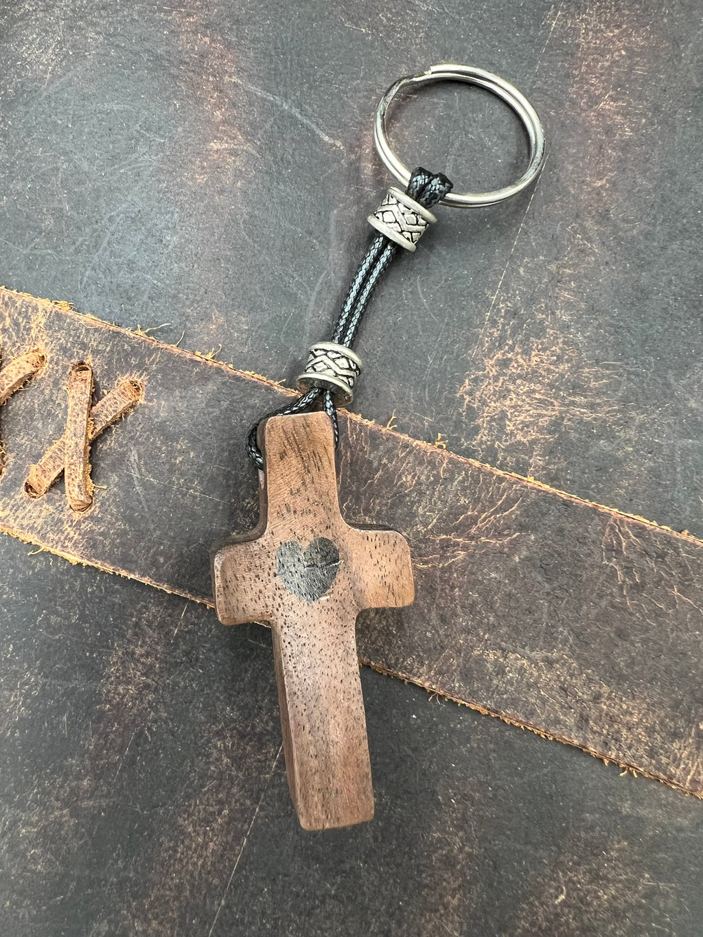 Walnut Wood Heart Cross Keychain - Motif Metalworks