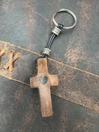 Walnut Wood Heart Cross Keychain - Motif Metalworks