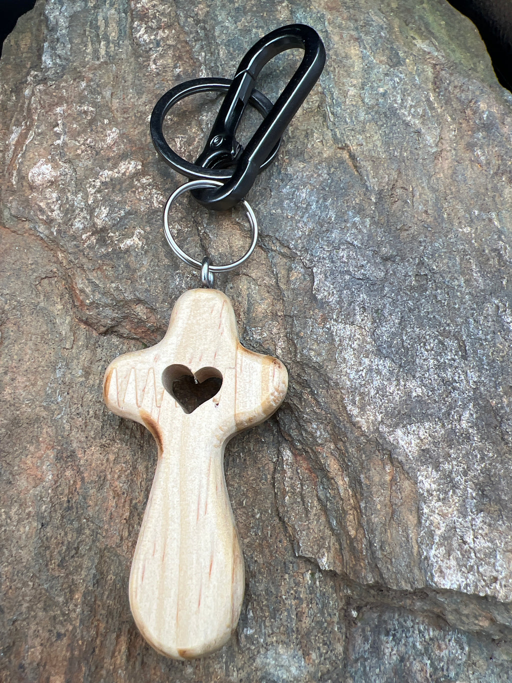 Cross Heart Keychain - Natural Wood