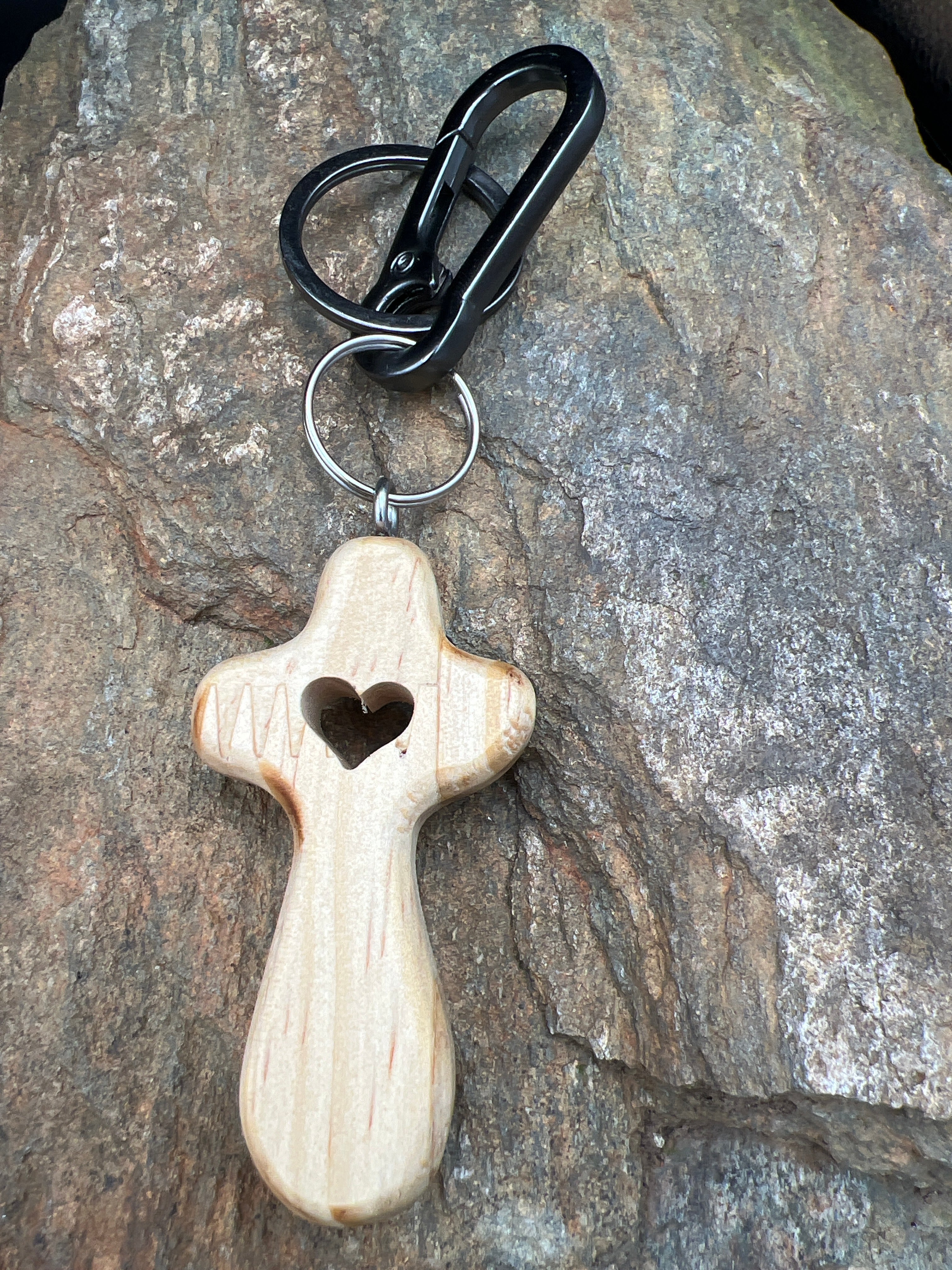 Cross Heart Keychain - Natural Wood