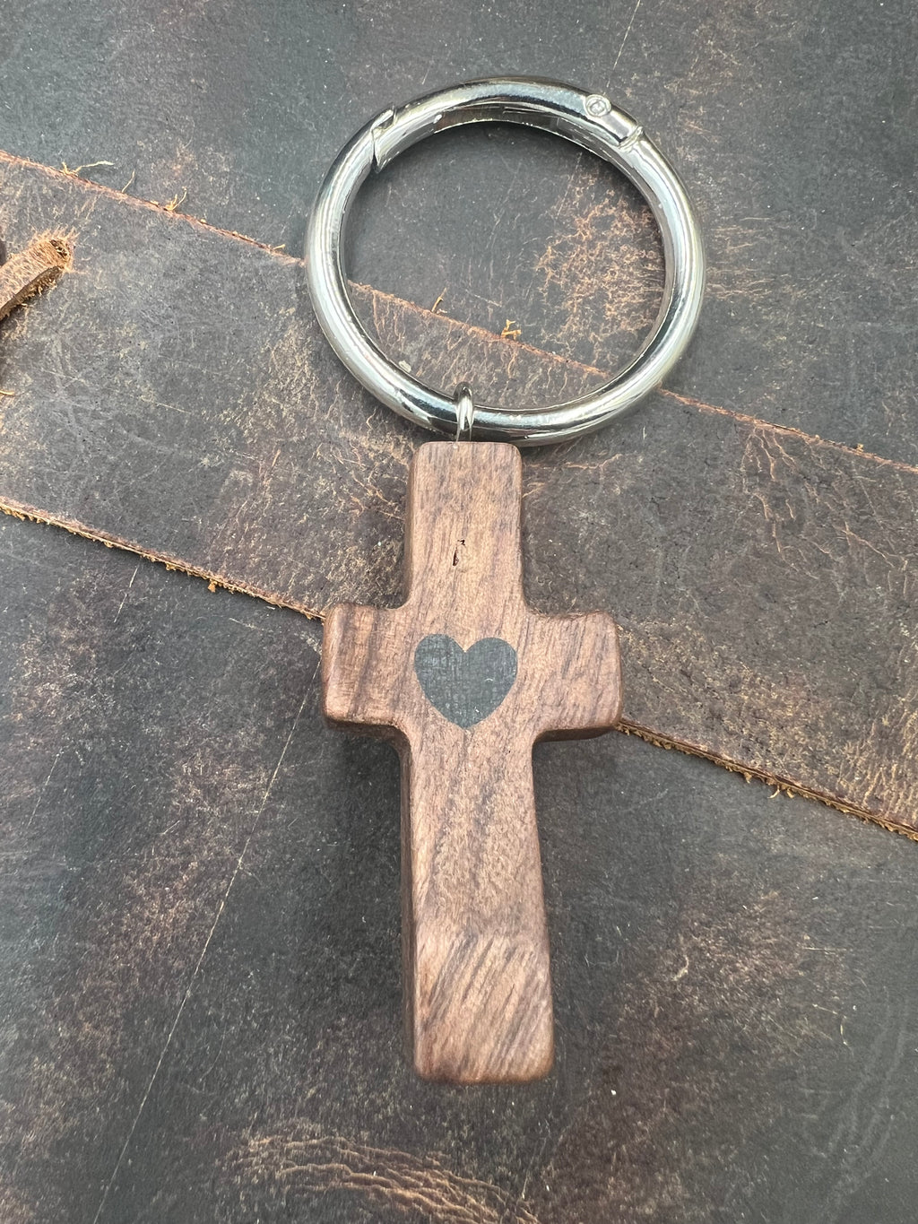 Walnut Wood Heart Cross Keychain - Motif Metalworks