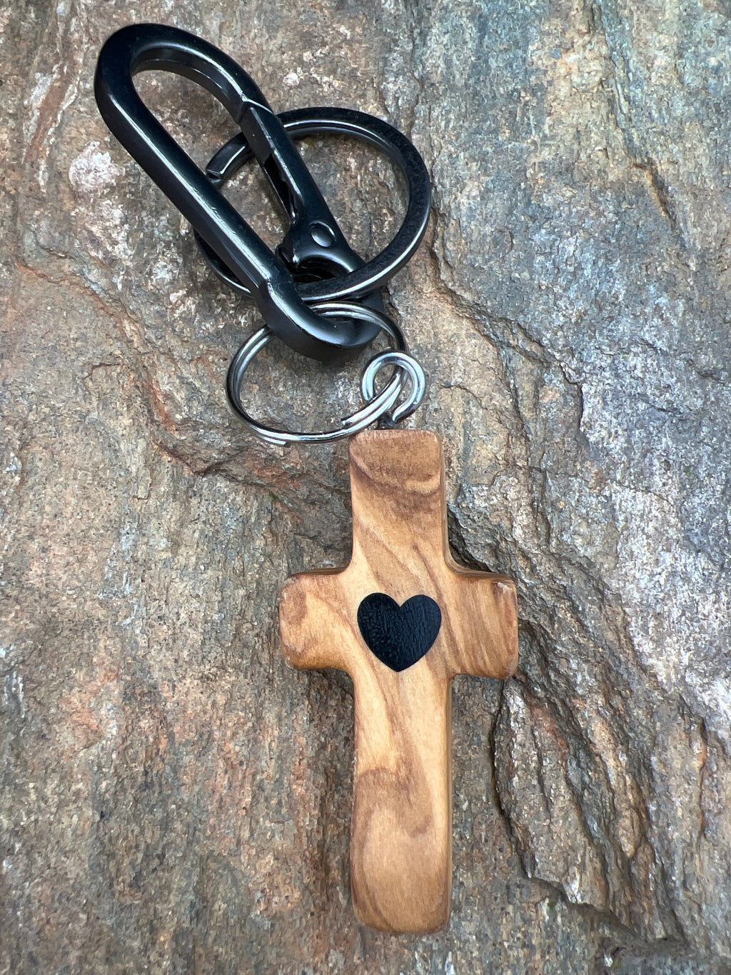 Wood Heart Cross Keychain