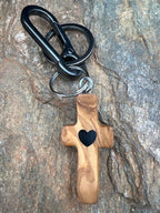 Wood Heart Cross Keychain