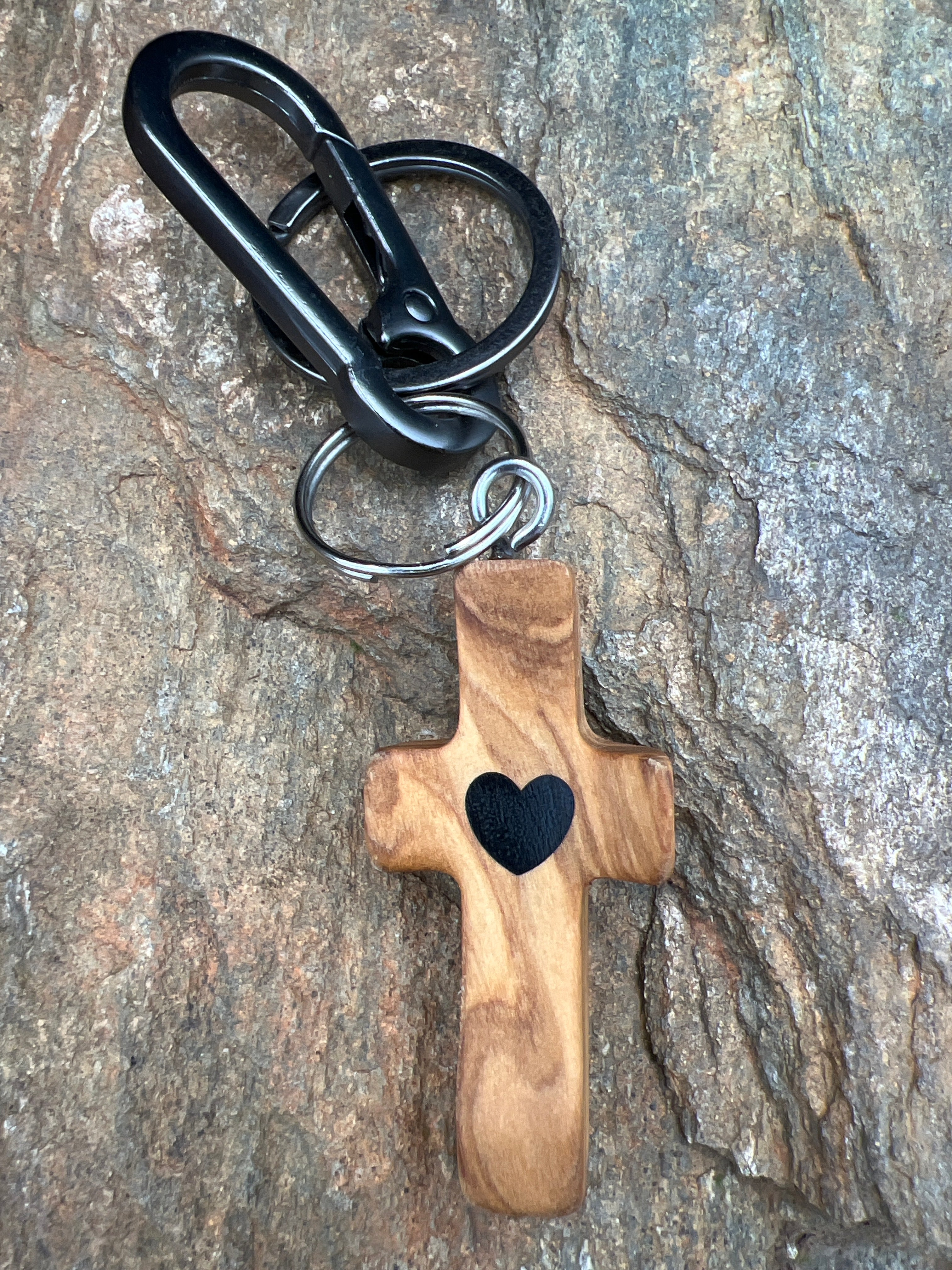 Wood Heart Cross Keychain