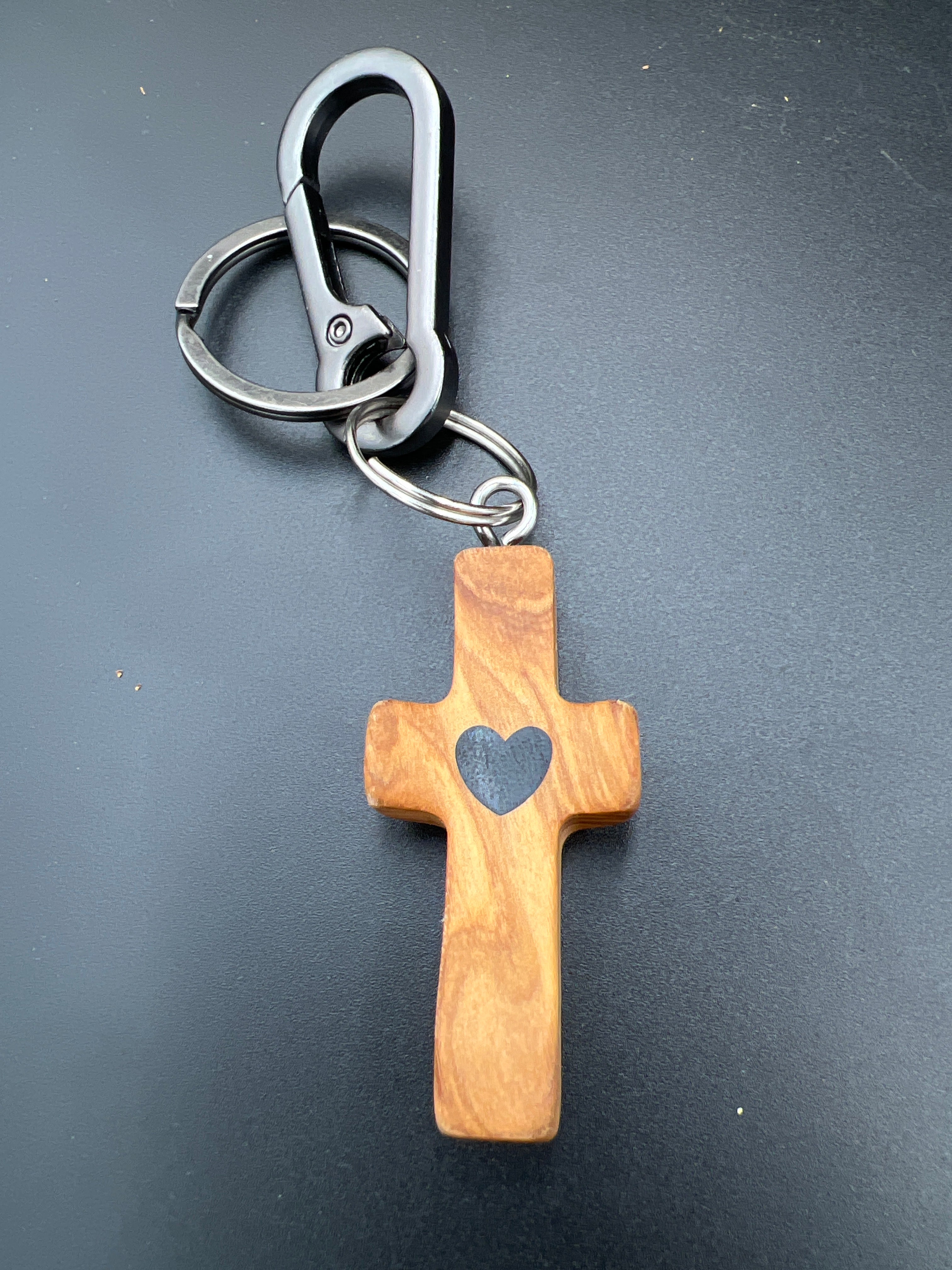 Wood Heart Cross Keychain