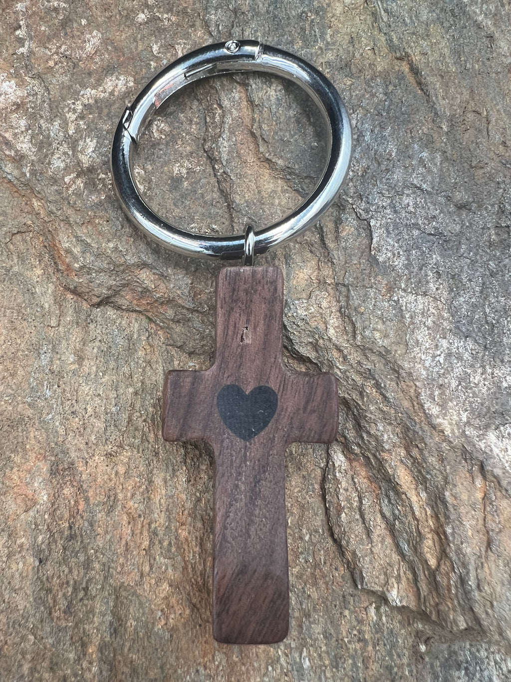 Walnut Wood Heart Cross Keychain - Motif Metalworks