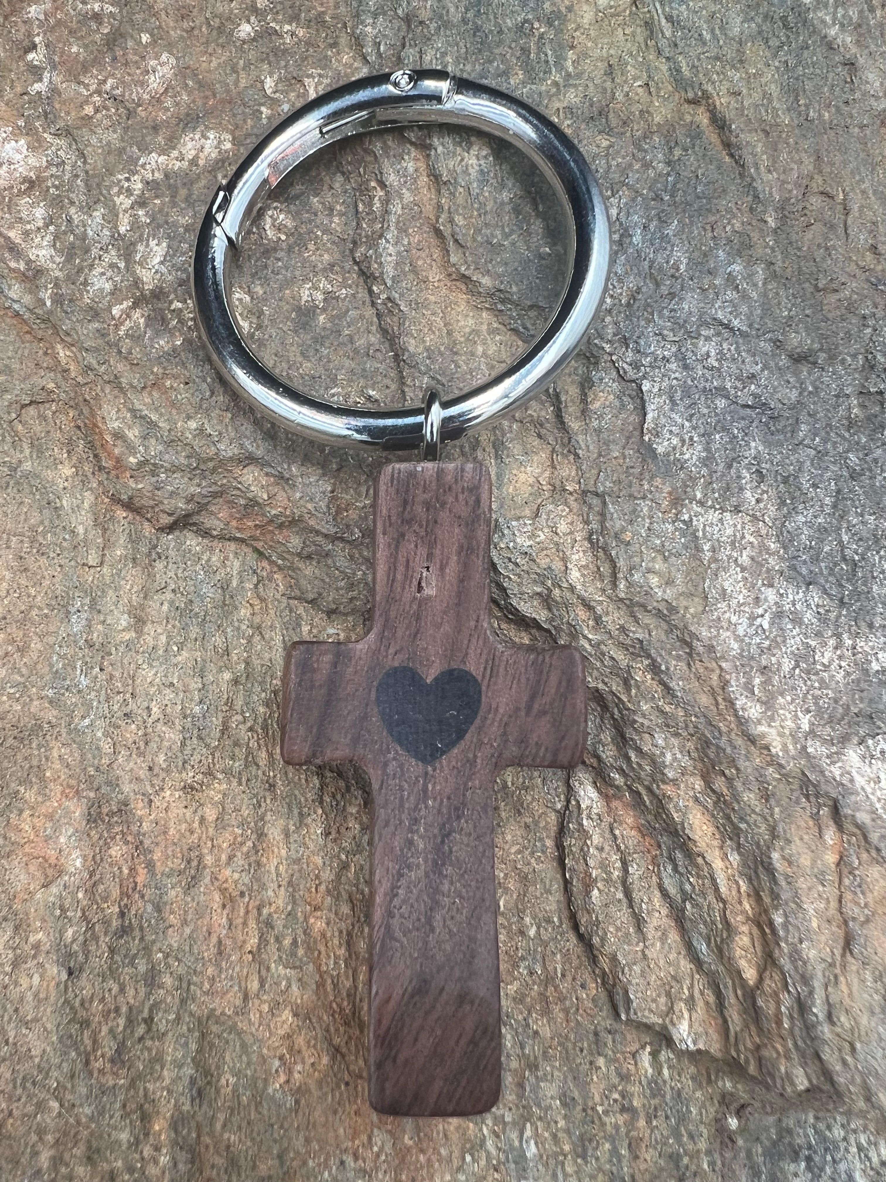 Walnut Wood Heart Cross Keychain - Motif Metalworks