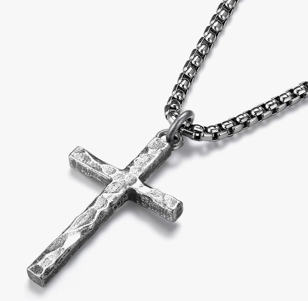 Hammered 925 Silver Cross Necklace - Motif Metalworks