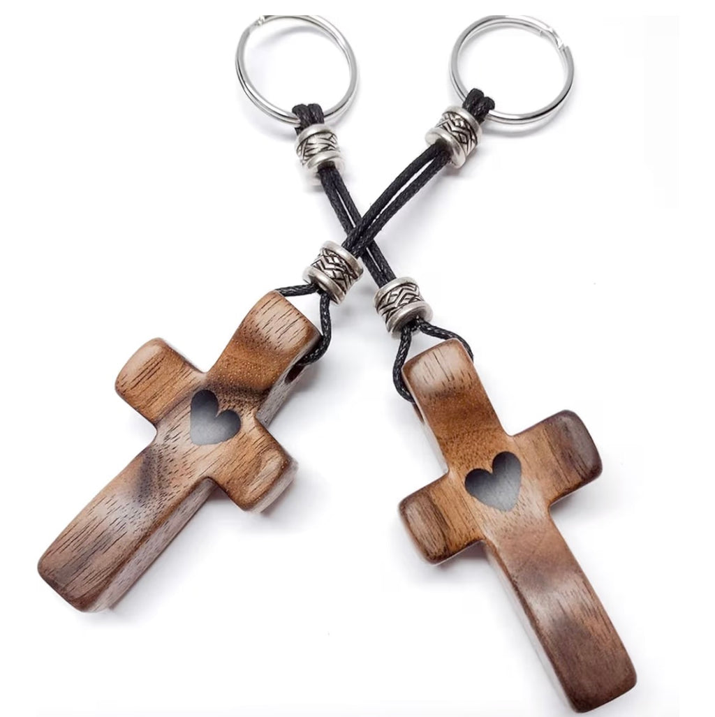 Walnut Wood Heart Cross Keychain - Motif Metalworks