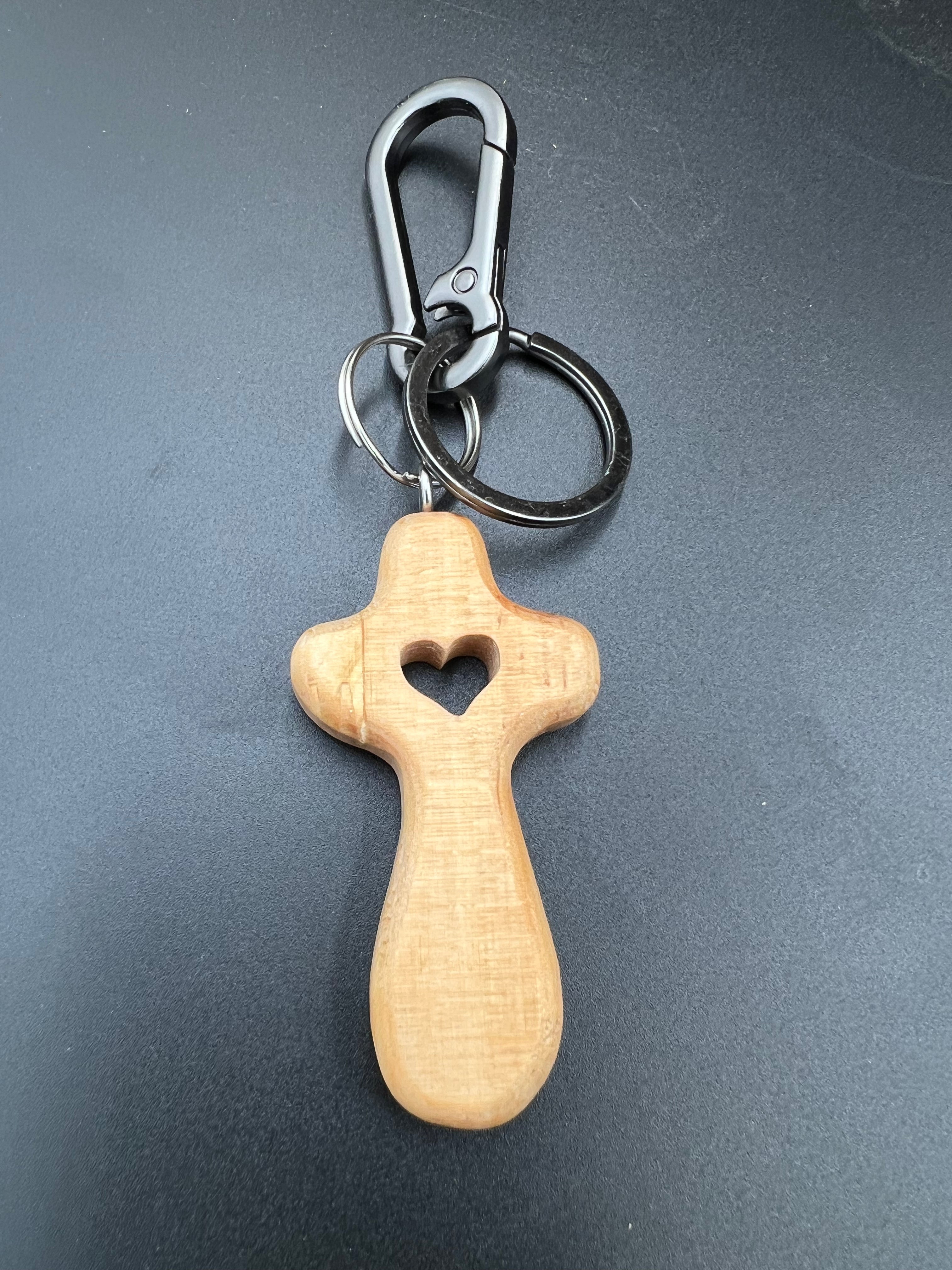 Cross Heart Keychain - Natural Wood